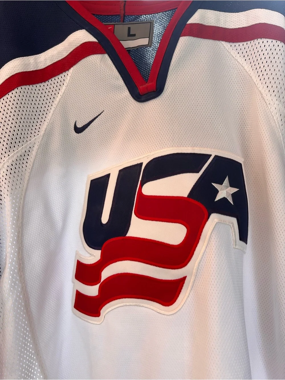 Vintage Nike Team USA Hockey Jersey White Red Blue Size Large
